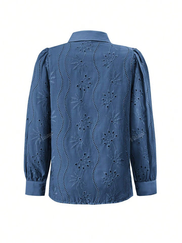 Women's Hollow-Out Embroidery Turn-Down Collar Casual Long Sleeve Top