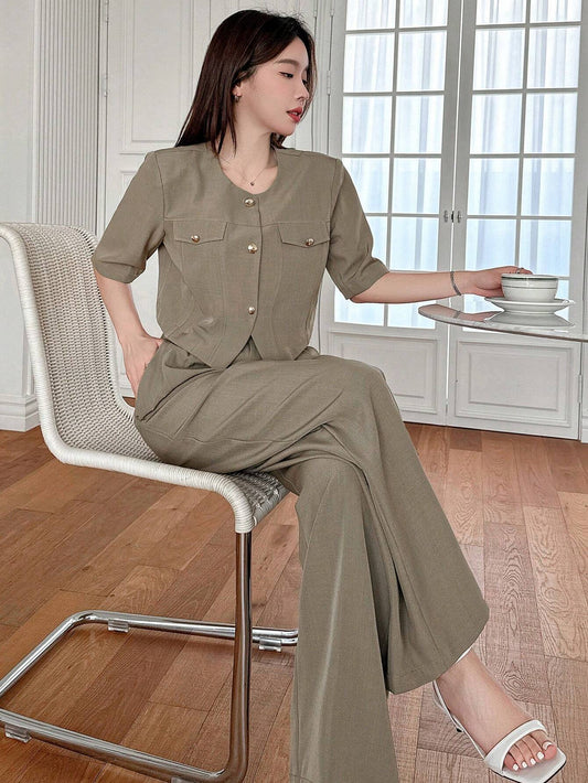 DAZY 2pcs Women's Solid Color Cropped Jacket & Wide Leg Pants Set