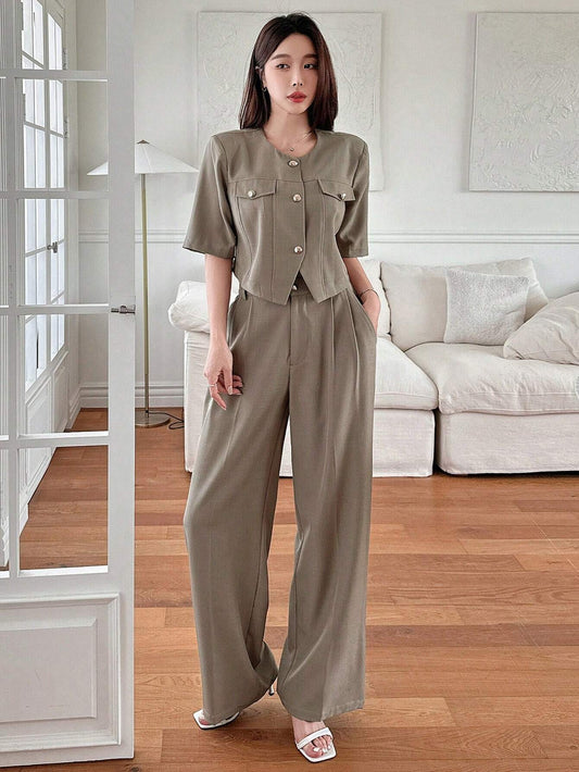 DAZY 2pcs Women's Solid Color Cropped Jacket & Wide Leg Pants Set