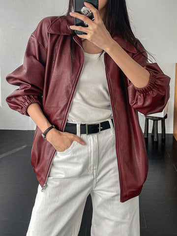 Dazy-Less Drop Shoulder Slant Pockets PU Jacket