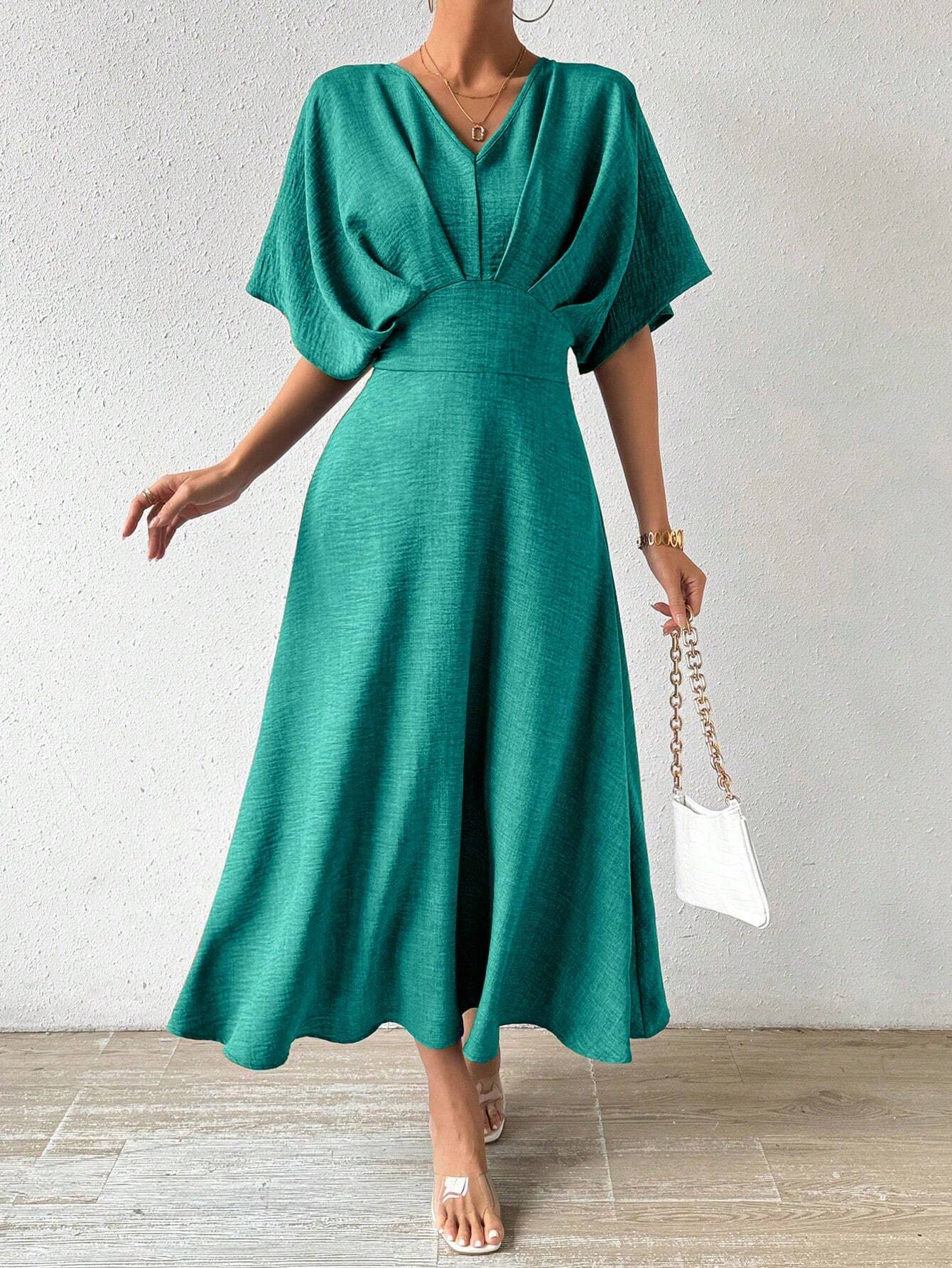 Priv� V-Neck Pleated Batwing Sleeve Dress