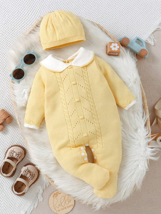 Baby Girls Retro Style Knitted Footed Jumpsuit With Collar And Button Back