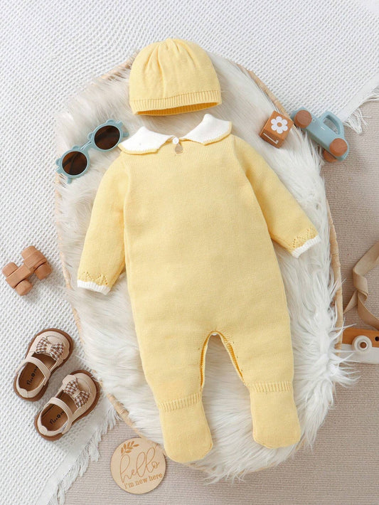 Baby Girls Retro Style Knitted Footed Jumpsuit With Collar And Button Back