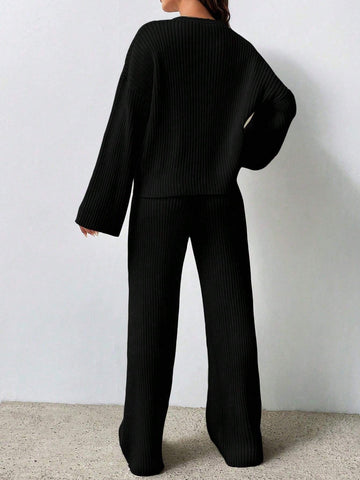 MOOSTA Solid Color Drop Shoulder Sweater And Knitted Wide Leg Pants