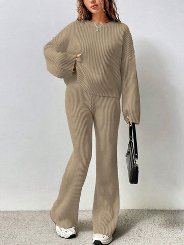 MOOSTA Solid Color Drop Shoulder Sweater And Knitted Wide Leg Pants