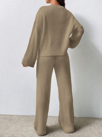 MOOSTA Solid Color Drop Shoulder Sweater And Knitted Wide Leg Pants