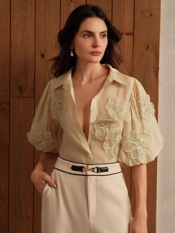 Anewsta Women Elegant Puff Sleeve Shirt With 3D Floral Pearl Decoration