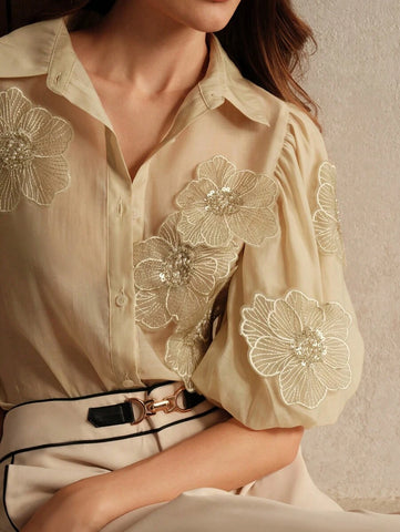 Anewsta Women Elegant Puff Sleeve Shirt With 3D Floral Pearl Decoration
