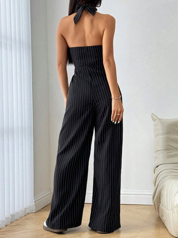 Flirla Striped Print Backless Button Up Casual Sleeveless Jumpsuit