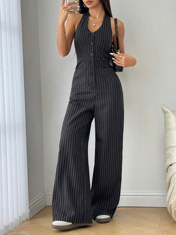 Flirla Striped Print Backless Button Up Casual Sleeveless Jumpsuit