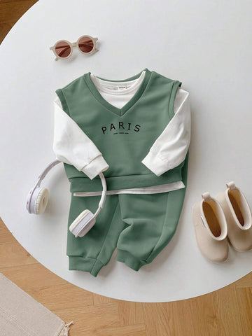 3pcs Set Baby Boy/Girl Letter Print Crew Neck Short Sleeve Top And Solid Color Pants