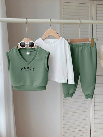 3pcs Set Baby Boy/Girl Letter Print Crew Neck Short Sleeve Top And Solid Color Pants