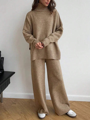 INAWLY 2 Piece Set Women Stand Collar Solid Color Sweater And Long Pants