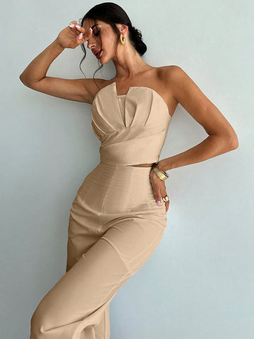 Women's Elegant Design Asymmetrical Fitted Tube Top & High Waist Faux Boned Straight Leg Pants