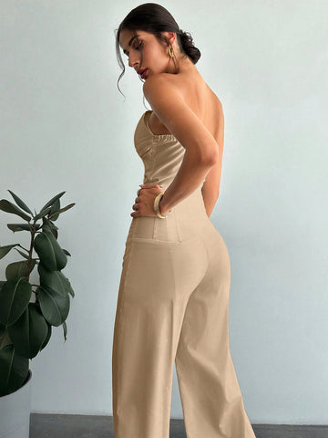 Women's Elegant Design Asymmetrical Fitted Tube Top & High Waist Faux Boned Straight Leg Pants