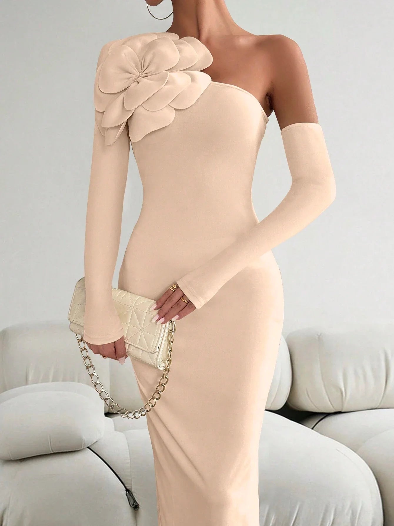 Priv� Women 3D Floral Decor Asymmetric Neckline Long Sleeve Slim Fit Elegant Dress