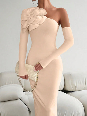 Priv� Women 3D Floral Decor Asymmetric Neckline Long Sleeve Slim Fit Elegant Dress