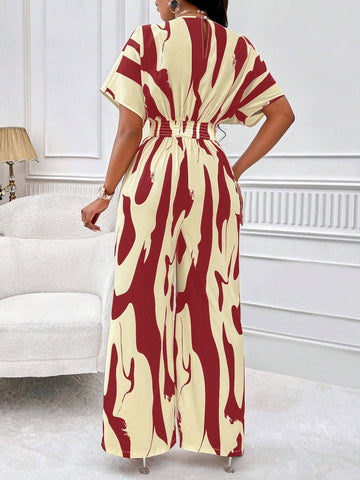 Lyxana Allover Print Batwing Sleeve Shirt Jumpsuit