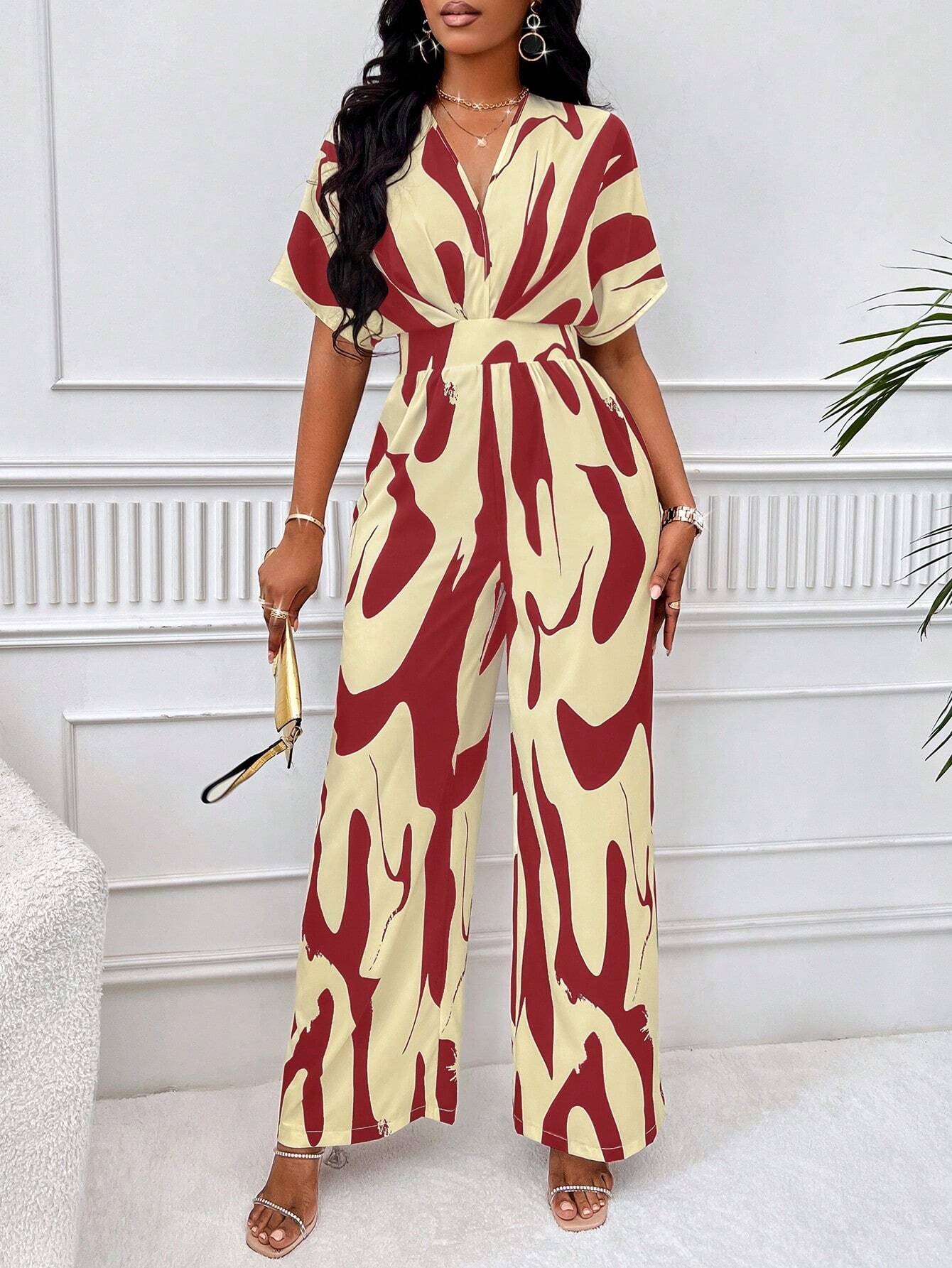 Lyxana Allover Print Batwing Sleeve Shirt Jumpsuit