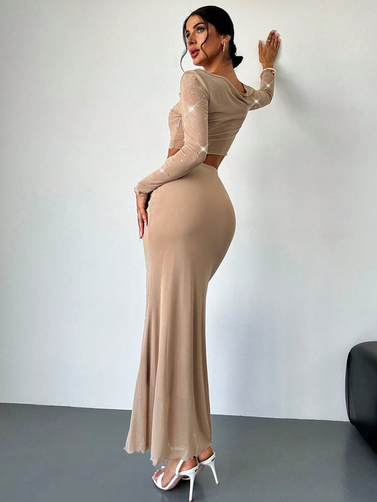 Firerie Women Elegant Sexy Party Date Apricot Fully Rhinestone Long Sleeve Crop Top & High Waist Mermaid Hem Skirt Set