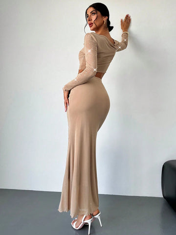 Firerie Women Elegant Sexy Party Date Apricot Fully Rhinestone Long Sleeve Crop Top & High Waist Mermaid Hem Skirt Set