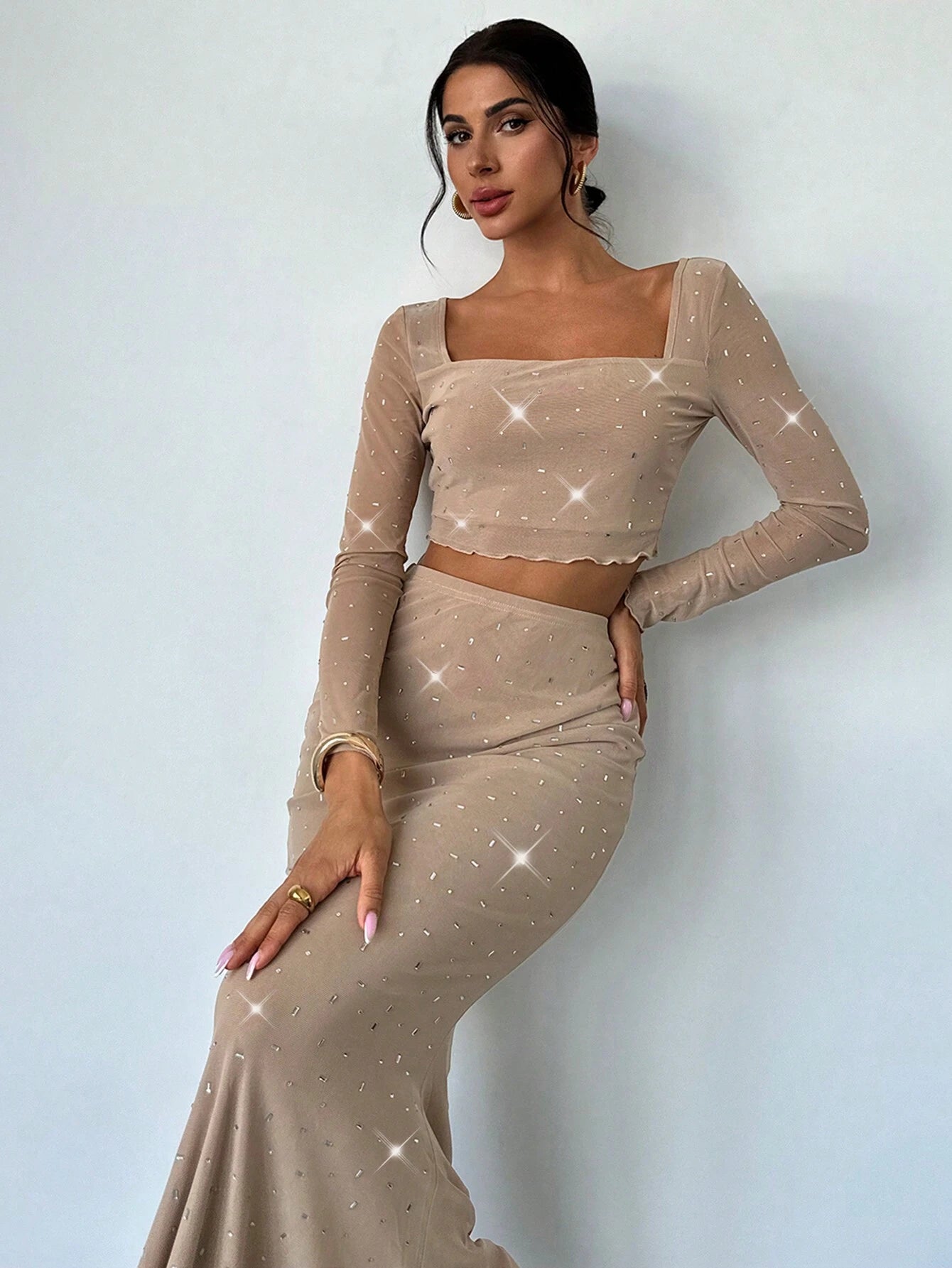 Firerie Women Elegant Sexy Party Date Apricot Fully Rhinestone Long Sleeve Crop Top & High Waist Mermaid Hem Skirt Set