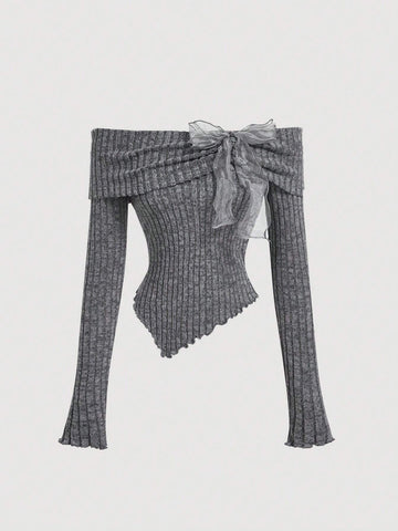 MOD Women's Off-Shoulder Bowknot Long Sleeve T-Shirt Top