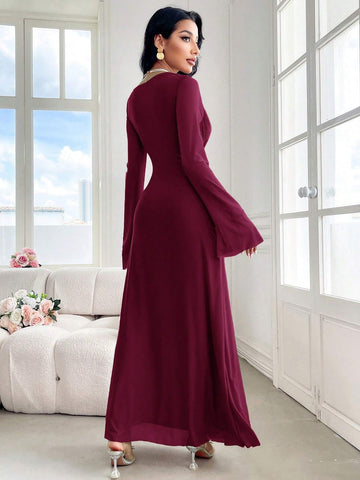 Modely Women's Solid Color Crew Neck Long Sleeve Twist Waist Maxi Elegant Dress