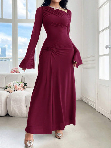 Modely Women's Solid Color Crew Neck Long Sleeve Twist Waist Maxi Elegant Dress