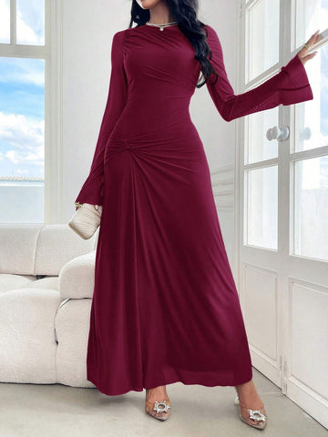 Modely Women's Solid Color Crew Neck Long Sleeve Twist Waist Maxi Elegant Dress