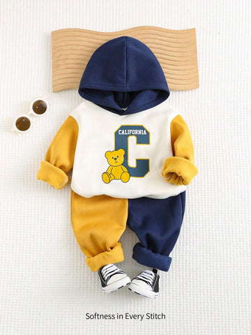 Cozy Pixies 2pcs Baby Boy Cartoon Bear Letter Print Contrast Color Hooded Sweatshirt & Jogger Pants Set