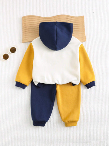 Cozy Pixies 2pcs Baby Boy Cartoon Bear Letter Print Contrast Color Hooded Sweatshirt & Jogger Pants Set