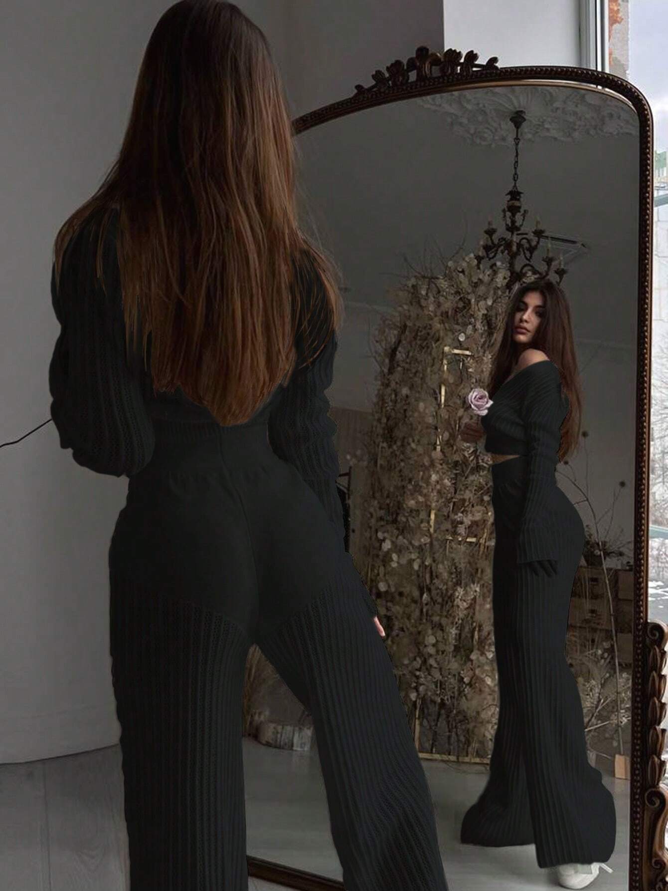 Stylish Knitted Sheer Solid Color Hollow Out Blouse And High Waist Long Pants 2pcs Suit Set