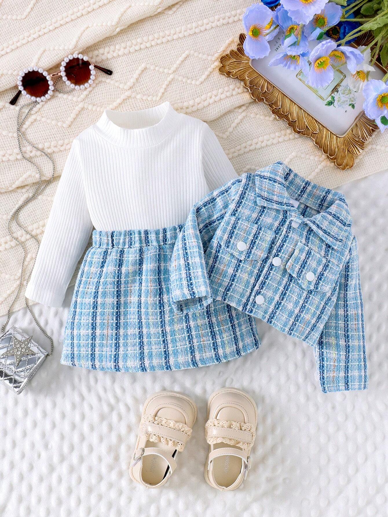 3pcs Baby Girl Set: Plaid Woolen Outerwear, Skirt, And Ribbed Knit T-Shirt