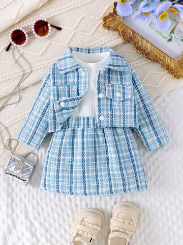 3pcs Baby Girl Set: Plaid Woolen Outerwear, Skirt, And Ribbed Knit T-Shirt