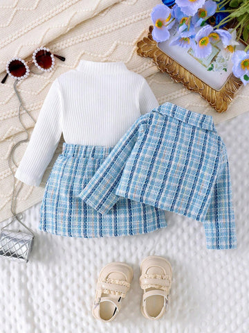 3pcs Baby Girl Set: Plaid Woolen Outerwear, Skirt, And Ribbed Knit T-Shirt