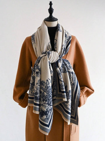 1pc Women's Double Sided Faux Cashmere Plant Jacquard Warm Scarf Shawl