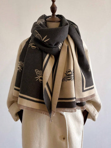 Cute 1pc Women's Double-Sided Imitation Cashmere Black And Beige Bee Jacquard Warm Scarf Shawl