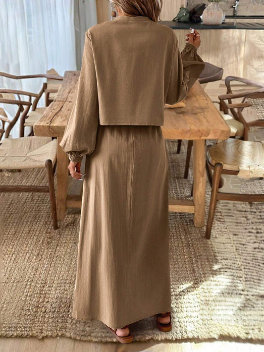 Frenchy Textured Fabric Front Knot Long Sleeve Shirt And Skirt Set
