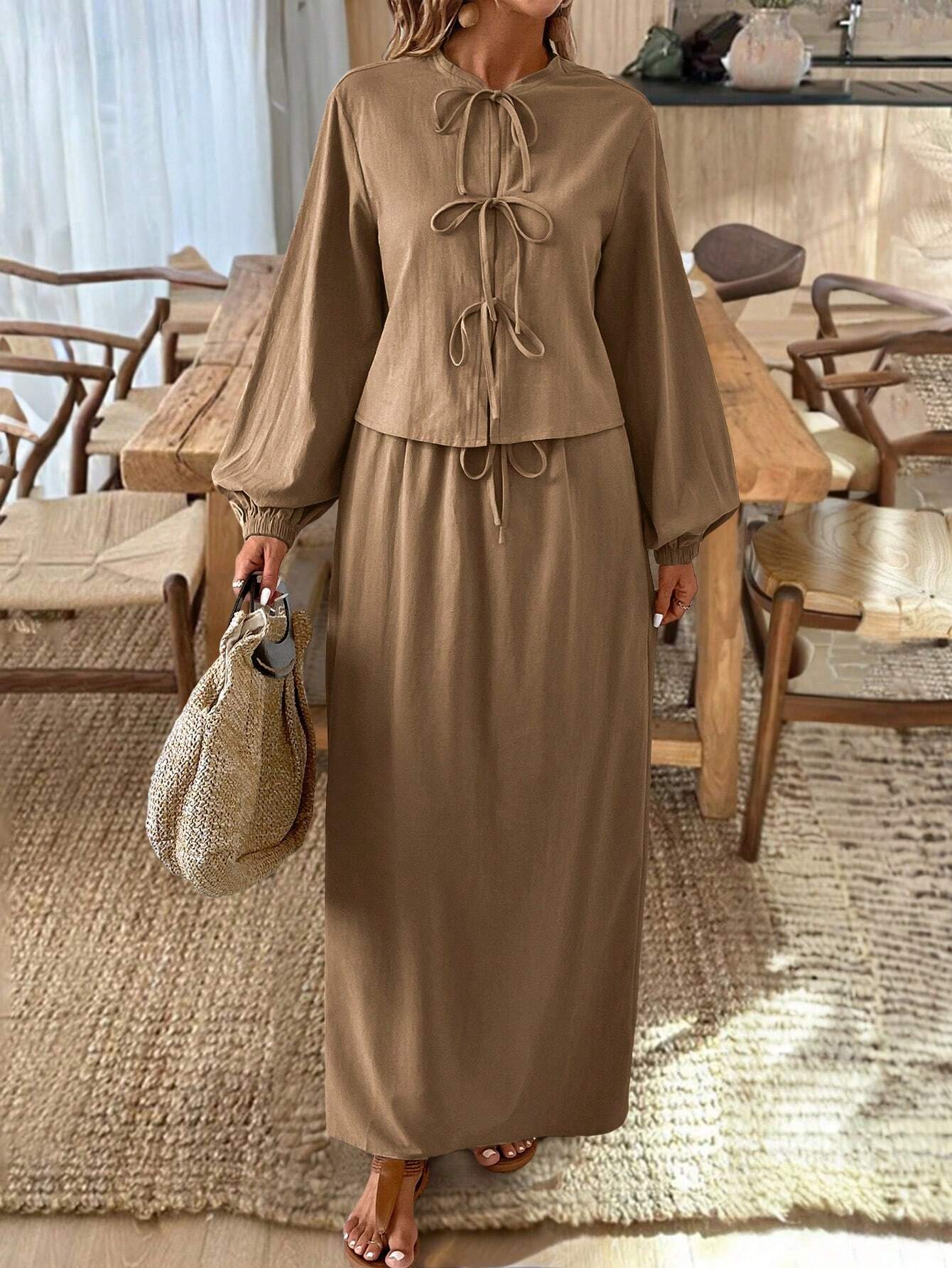 Frenchy Textured Fabric Front Knot Long Sleeve Shirt And Skirt Set