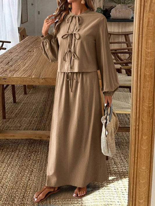 Frenchy Textured Fabric Front Knot Long Sleeve Shirt And Skirt Set
