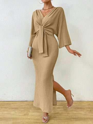 Clasi 1pc Women Plain Color Long Sleeve Front Tie Slit Simple Casual Dress