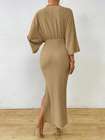 Clasi 1pc Women Plain Color Long Sleeve Front Tie Slit Simple Casual Dress