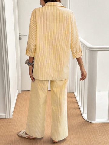 Women's Solid Color Single-Breasted Roll-Up Sleeve Shirt And Wide-Leg Pants