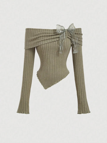 MOD Women's Off-Shoulder Bowknot Long Sleeve T-Shirt Top