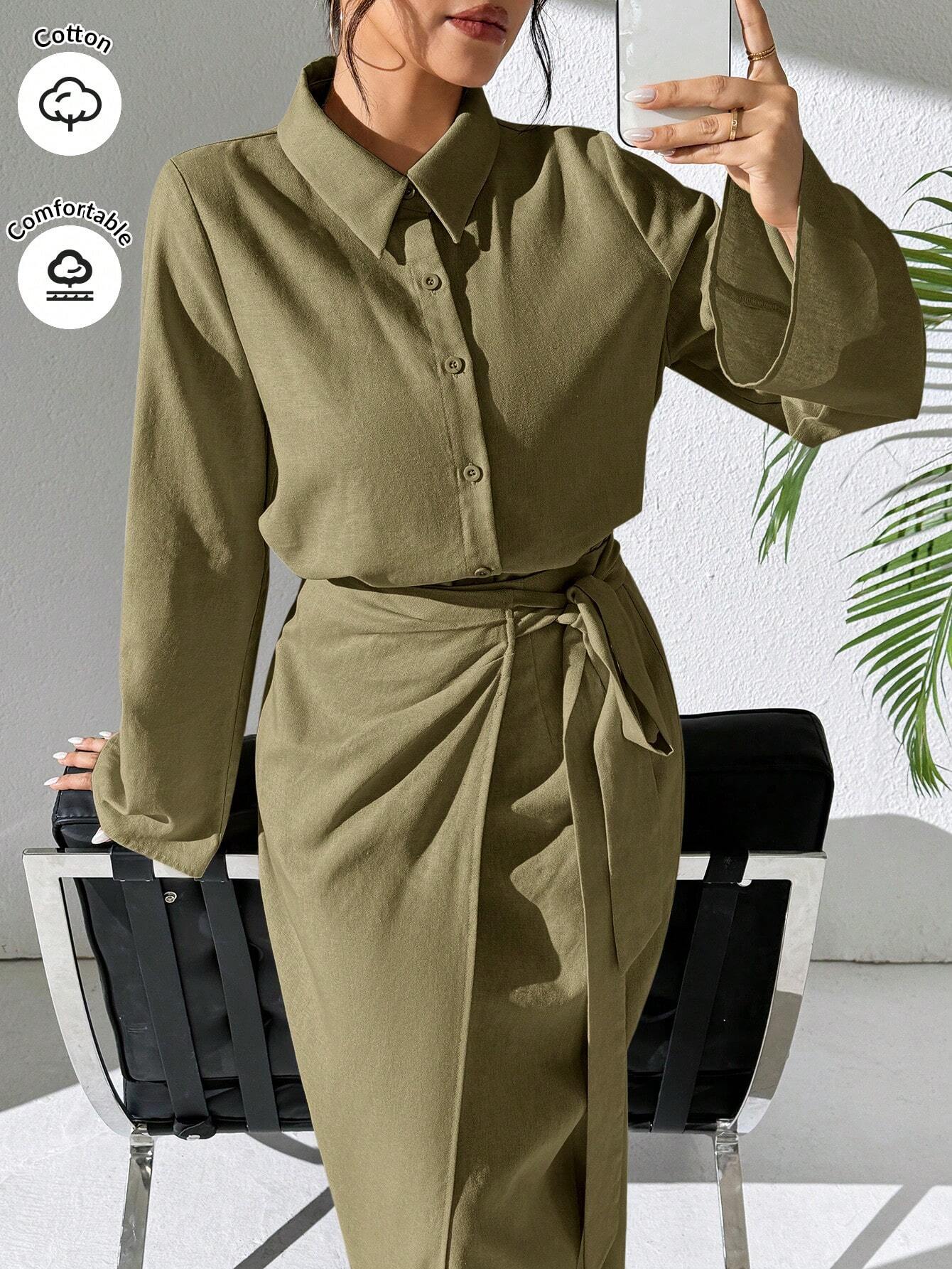 Mulvari Burgundy Red 2pcs Women's Casual Button-Up Shirt And A-Line Skirt Set