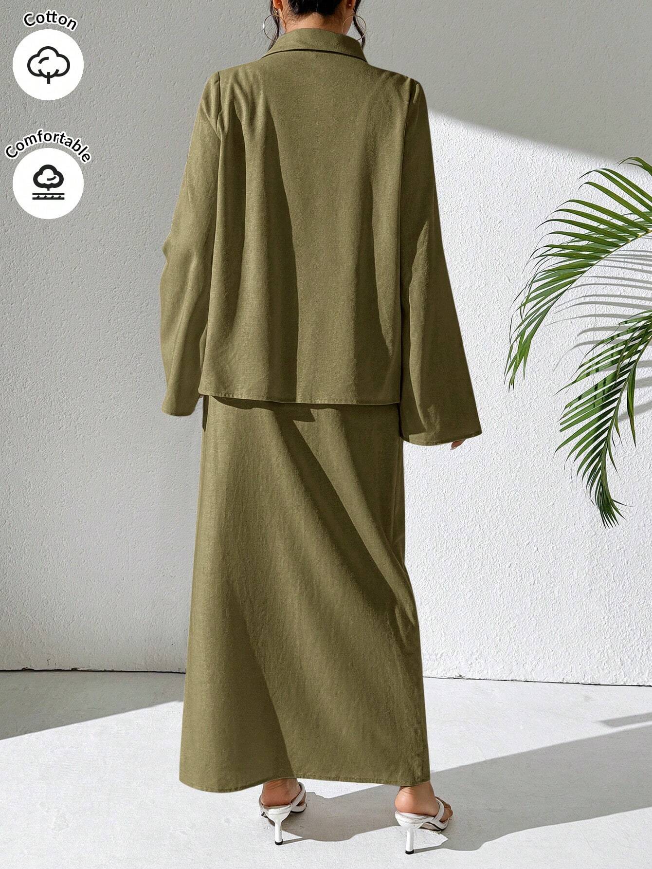 Mulvari Burgundy Red 2pcs Women's Casual Button-Up Shirt And A-Line Skirt Set