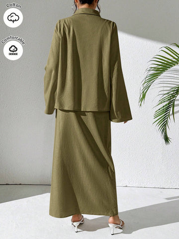 Mulvari Burgundy Red 2pcs Women's Casual Button-Up Shirt And A-Line Skirt Set