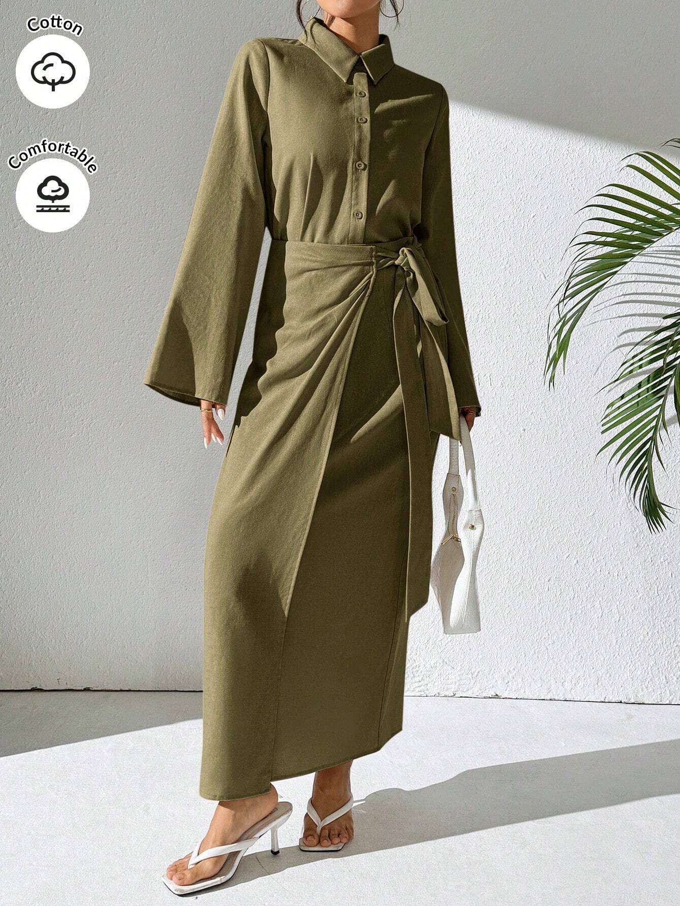 Mulvari Burgundy Red 2pcs Women's Casual Button-Up Shirt And A-Line Skirt Set