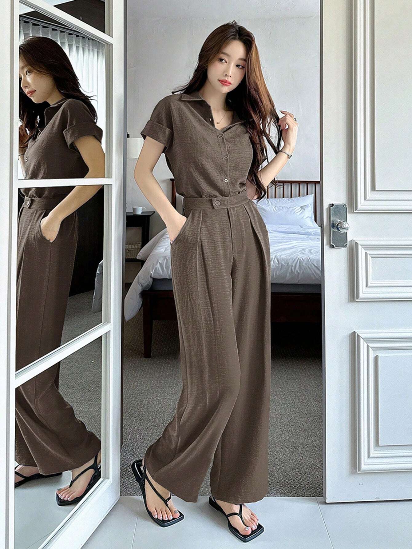 DAZY 2pcs Women Solid Color Blouse And Fashionable Wide Leg Pants Set